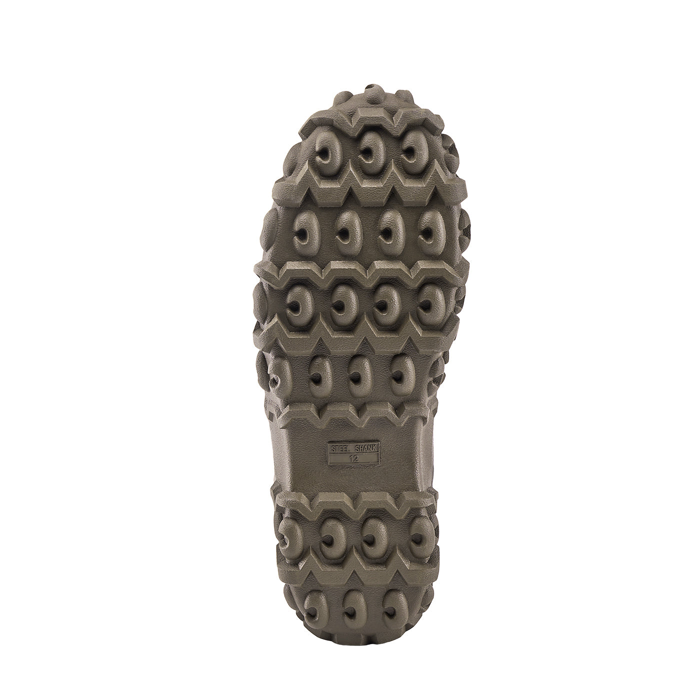 alt="Close-up of Trudave AquaGrip Series men’s waterproof mid-calf rubber work boots outsole in olive green showing deep tread non-slip pattern for traction and durability in gardening, farming, and rain work"